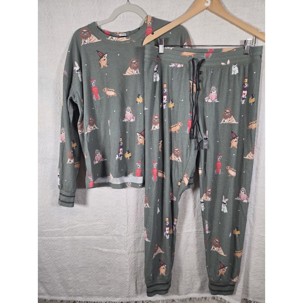 PJ Salvage My Boo Long Sleeve Ribbed Pajama Set in Olive Playful Puppy Print szL